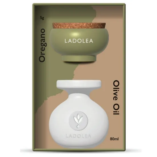 Aceite de oliva orgánico y orégano en un set de cuenco y botella de cerámica hechos a mano Ladolea.