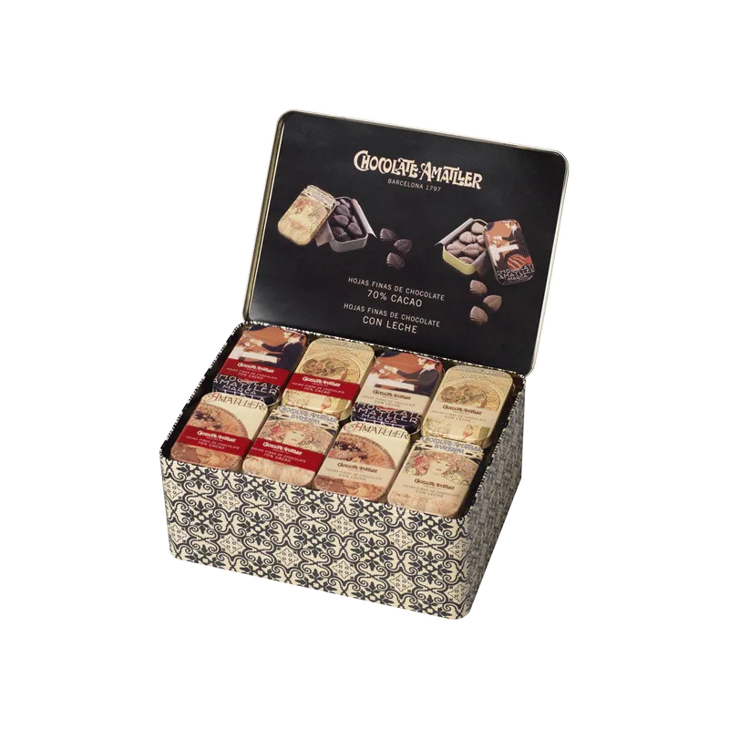 Lata expositora (20 latas hojas chocolate 70% cacao 30g y 20 latas hojas chocolate leche 30g) "Colección Vintage"