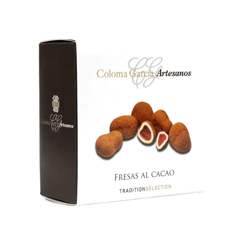 Estuche Bombón de fresa con cobertura chocolate blanco y cacao en polvo 100g