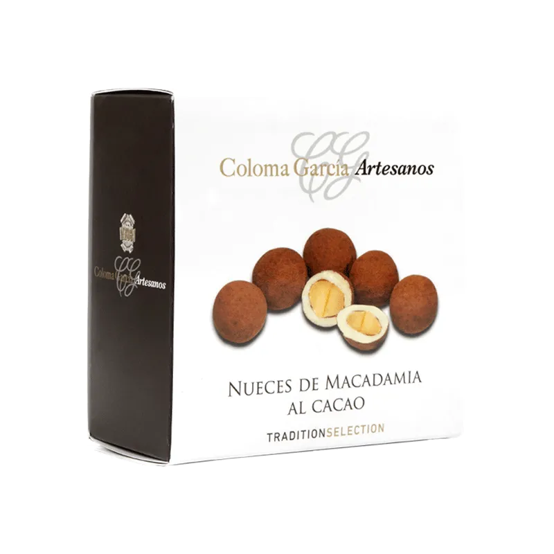 Estuche Bombón de nuez de Macadamia con cobertura chocolate blanco y cacao en polvo 100g