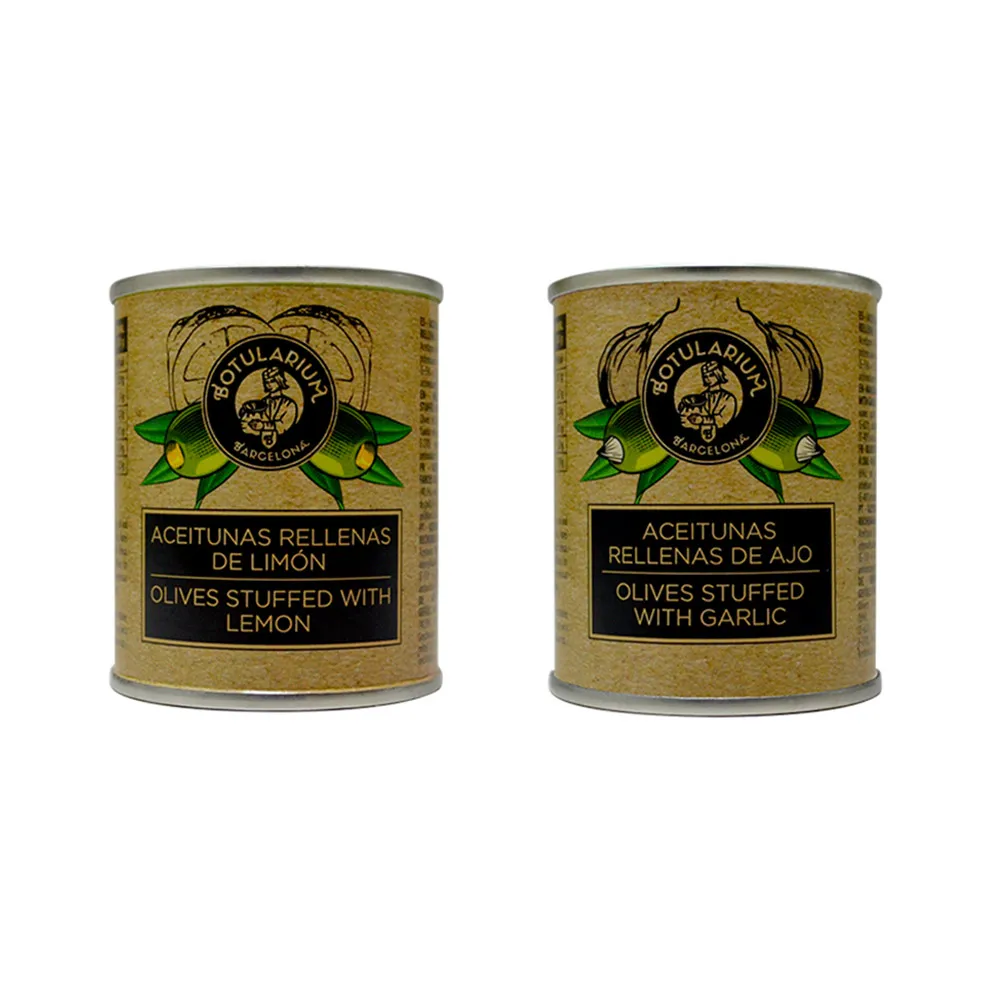 Pack 10 latitas minibar - Aceitun'as al limón 5x50 g y Aceitunas rellenas de ajo 5x50 g