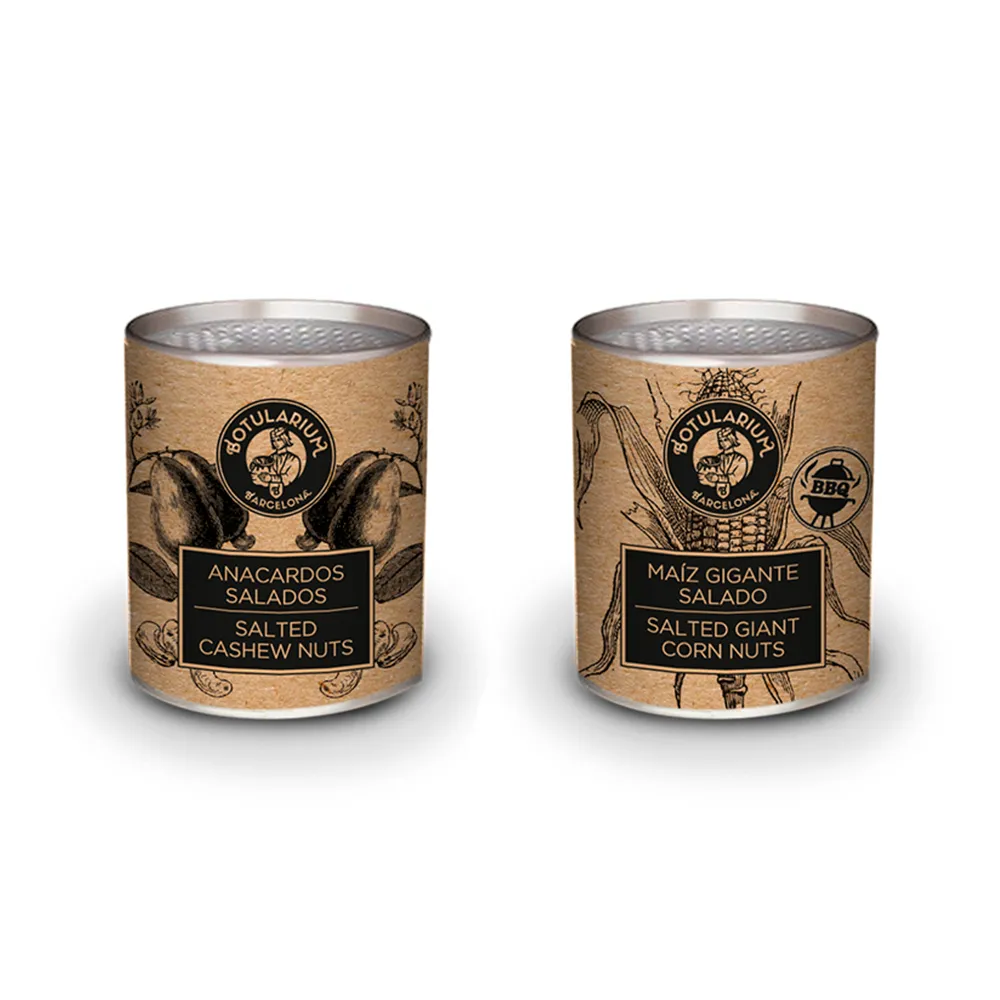 Anacardos salados y Maíz gigante salado BBQ Botularium (Pack con 5 latitas minibar de cada)