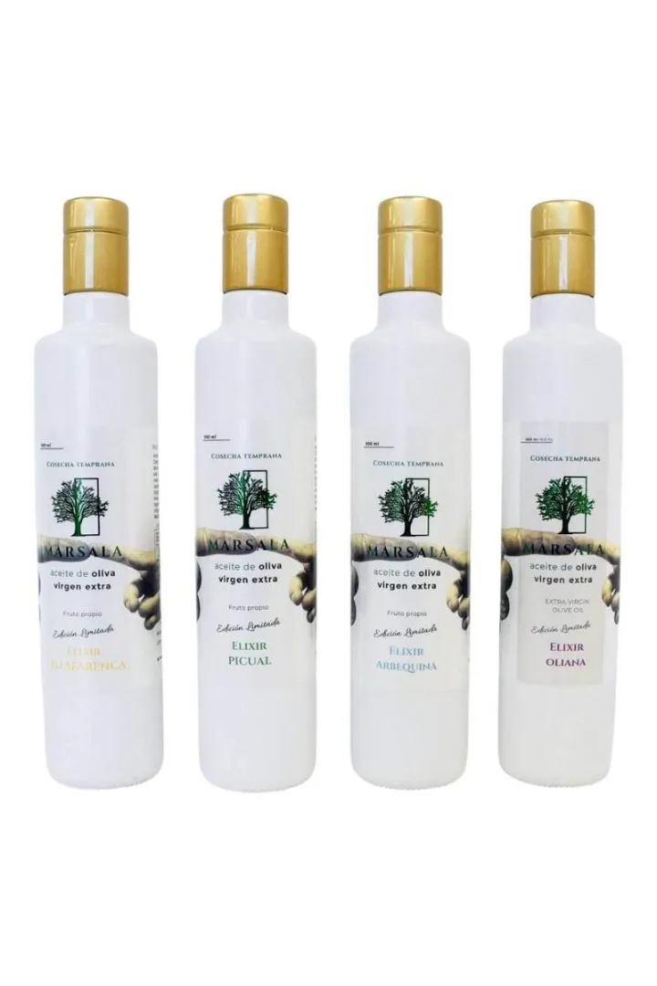 Pack AOVE Elixir - Cosecha Temprana Marsala – 4x3x500 ml (Arbequina, Alfafarenca, Picual y Oliana)