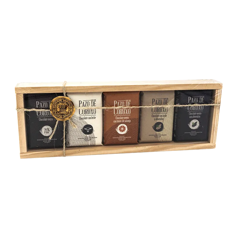 Pack madera surtido 5 chocolates 250g