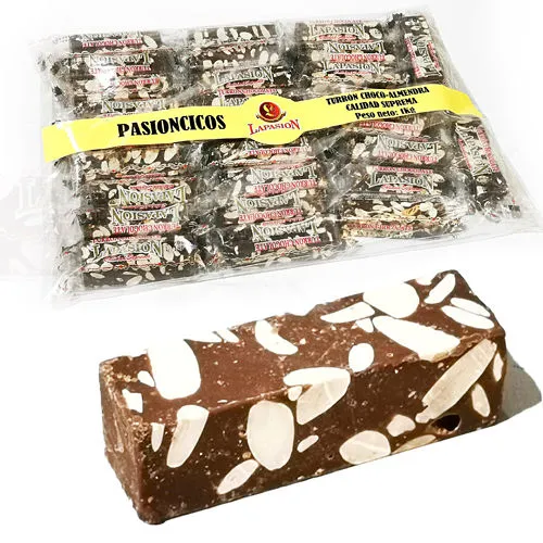 Porciones de turrón de chocolate bombón con almendras. Calidad Suprema. Envuelto individualmente. Bolsa 1kg