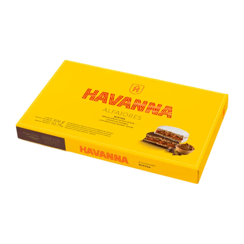 Caja alfajores mixtos (galletas rellenas dulce de leche recubiertas chocolate negro y otras recubiertas merengue italiano) 306g