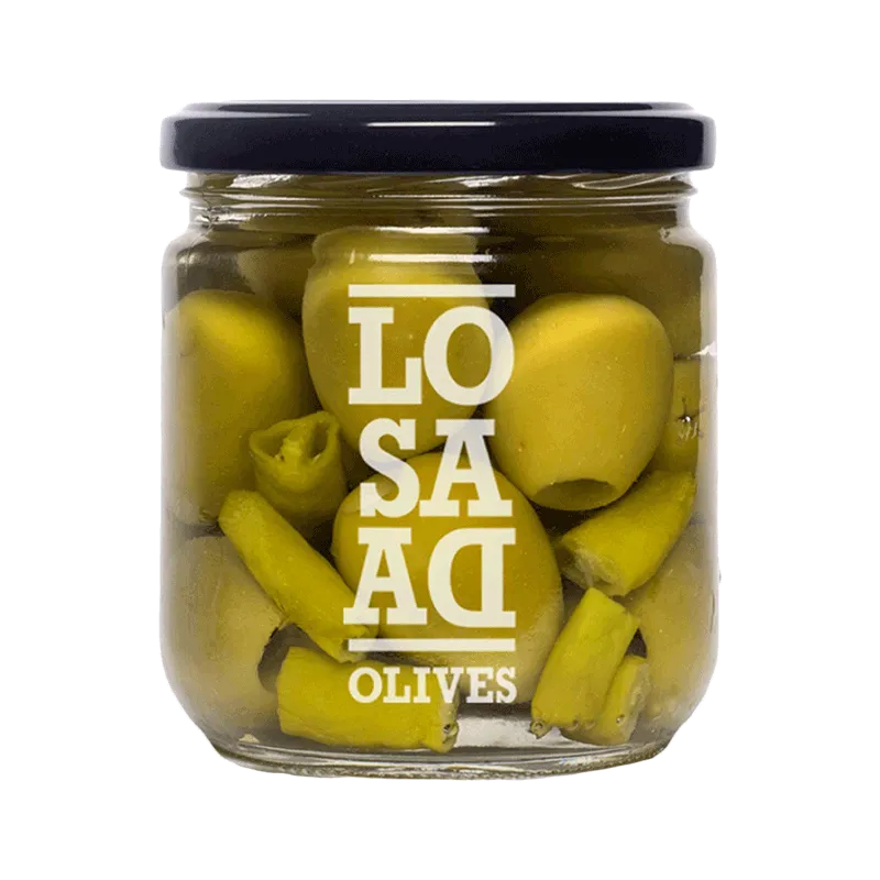 Gordal sin hueso, picante aceituna sevillana en aderezo tradicional con piparra vasca e infusión de guindilla 345g