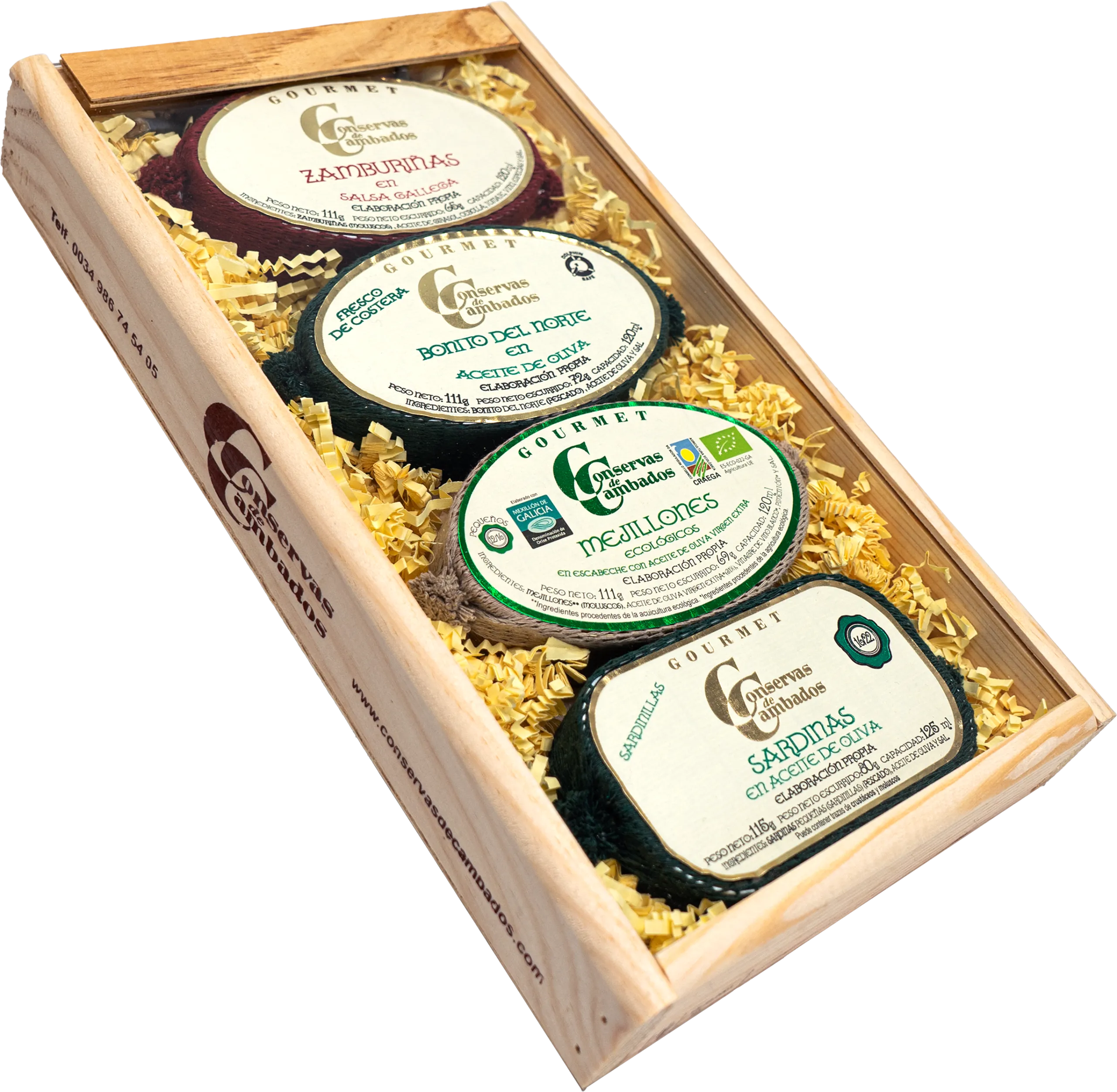 Estuche madera zamburiñas, bonito norte, mejillones eco y sardinilla Rías Gallegas