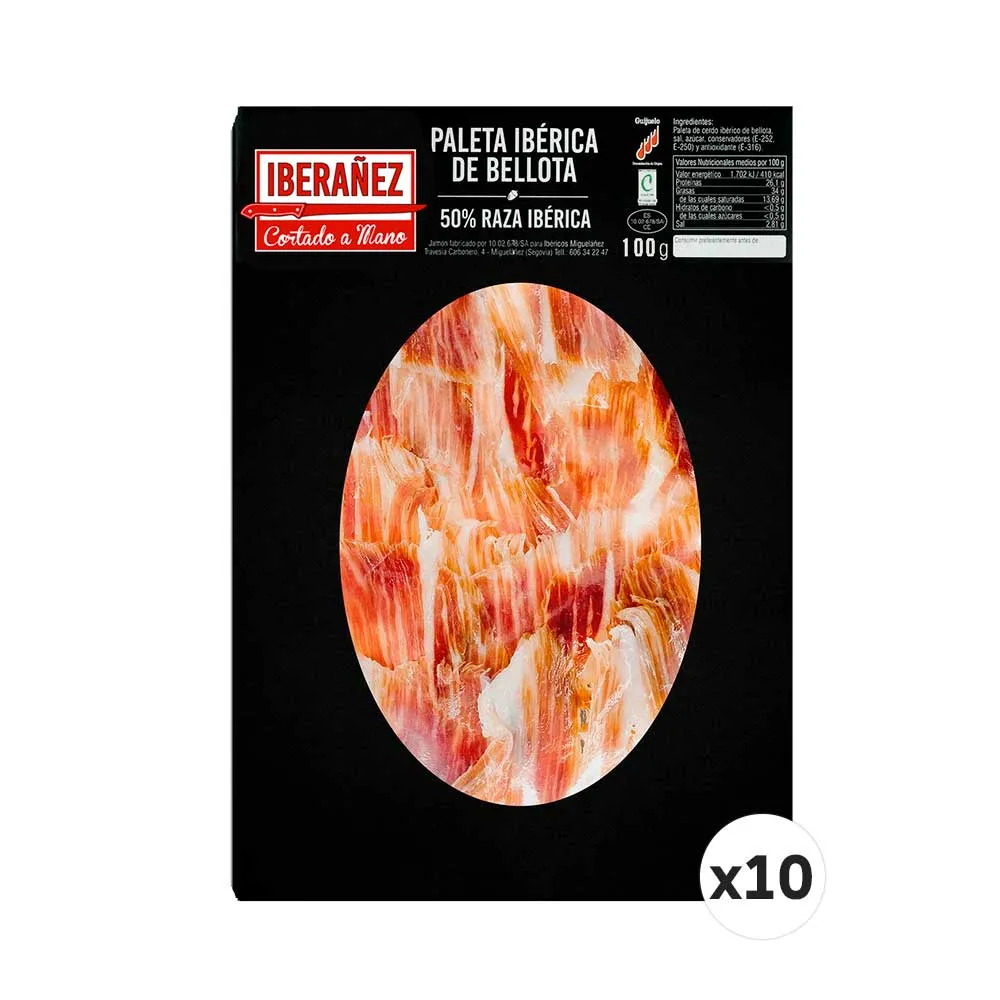 10 sobres x100gr de Paleta de bellota 50% ibérica cortado a mano y envasado al vacío