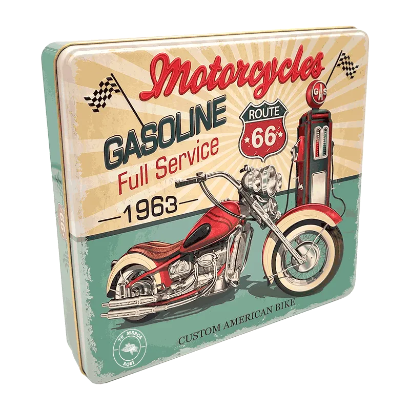Lata personalizada de bombones praliné leche 'Motorcycles gasoline' 300g