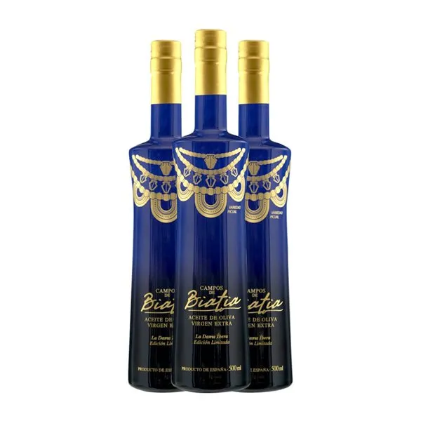 Aceite de Oliva Campos de Biatia La Dama Íbera Picual Blue — Edición Azul, Edición Limitada, AOVE Virgen Extra Botella Medium 50 cl (Caja de 3 unidades)