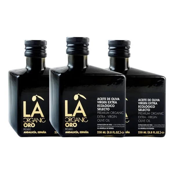 Aceite de Oliva La Amarilla de Ronda LA Picuda Edición Oro, AOVE Virgen Extra Organic — Ecológico Botellín 25 cl Vidrio (Caja de 3 unidades)