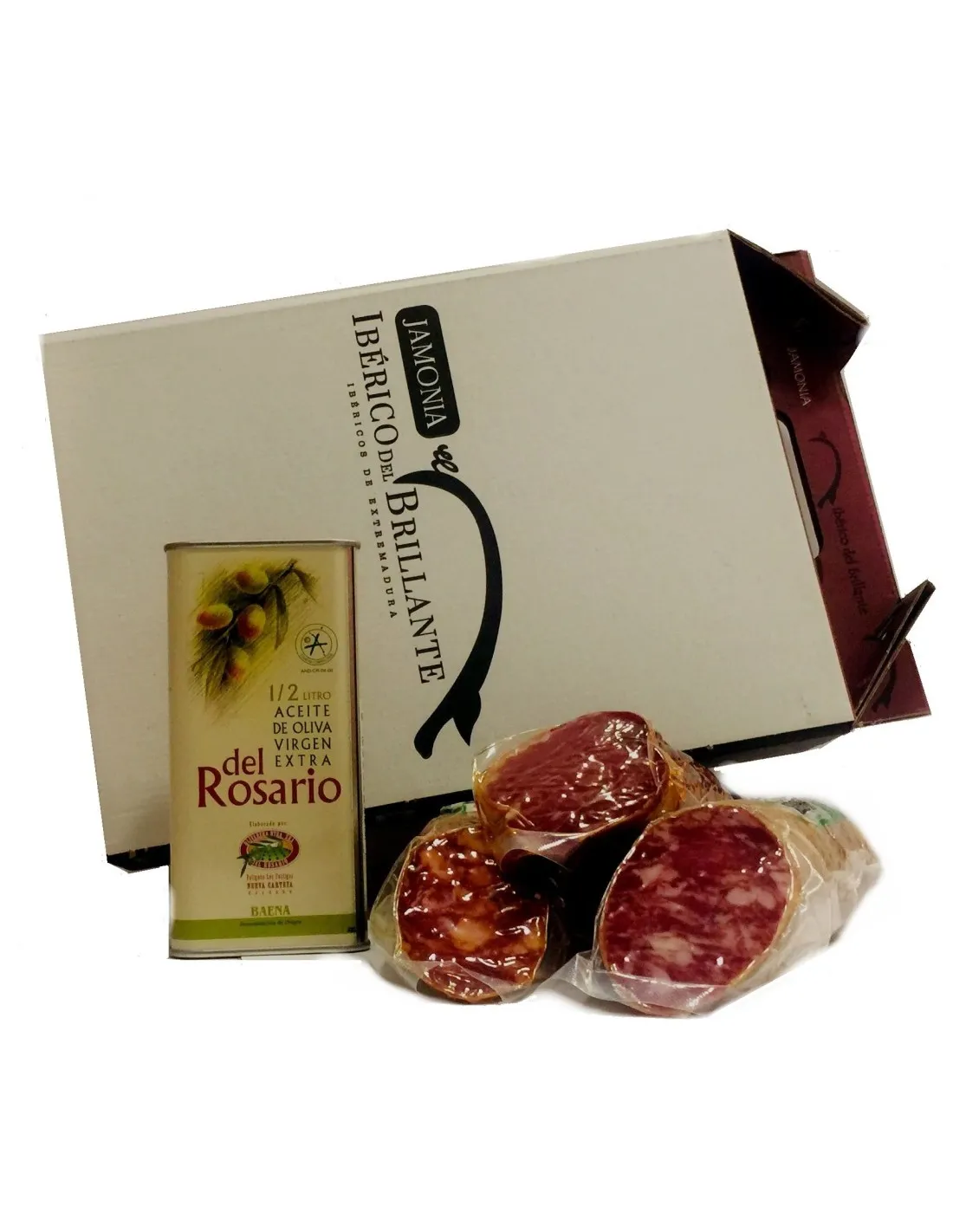 CAJA PREMIUM GOURMET - 3 - JAMONIA: Lomo (0,500g), Chorizo (0,500g), Salchichón (0,500g) y AOVE LATA ROSARIO 0,500 L
