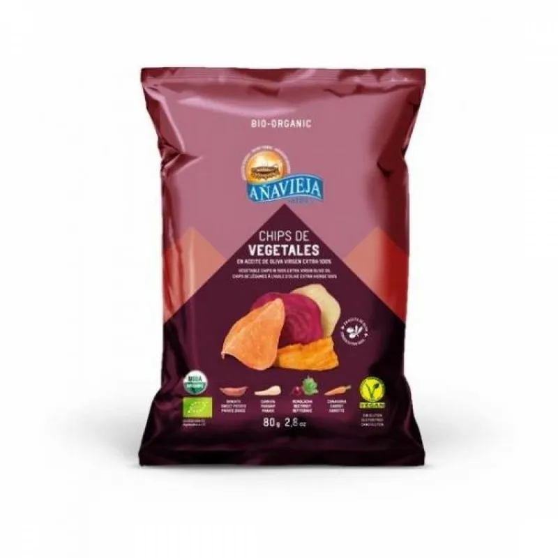 Chips vegetales en AOVE Añavieja. Bolsa 80 gr. caja 12 ud