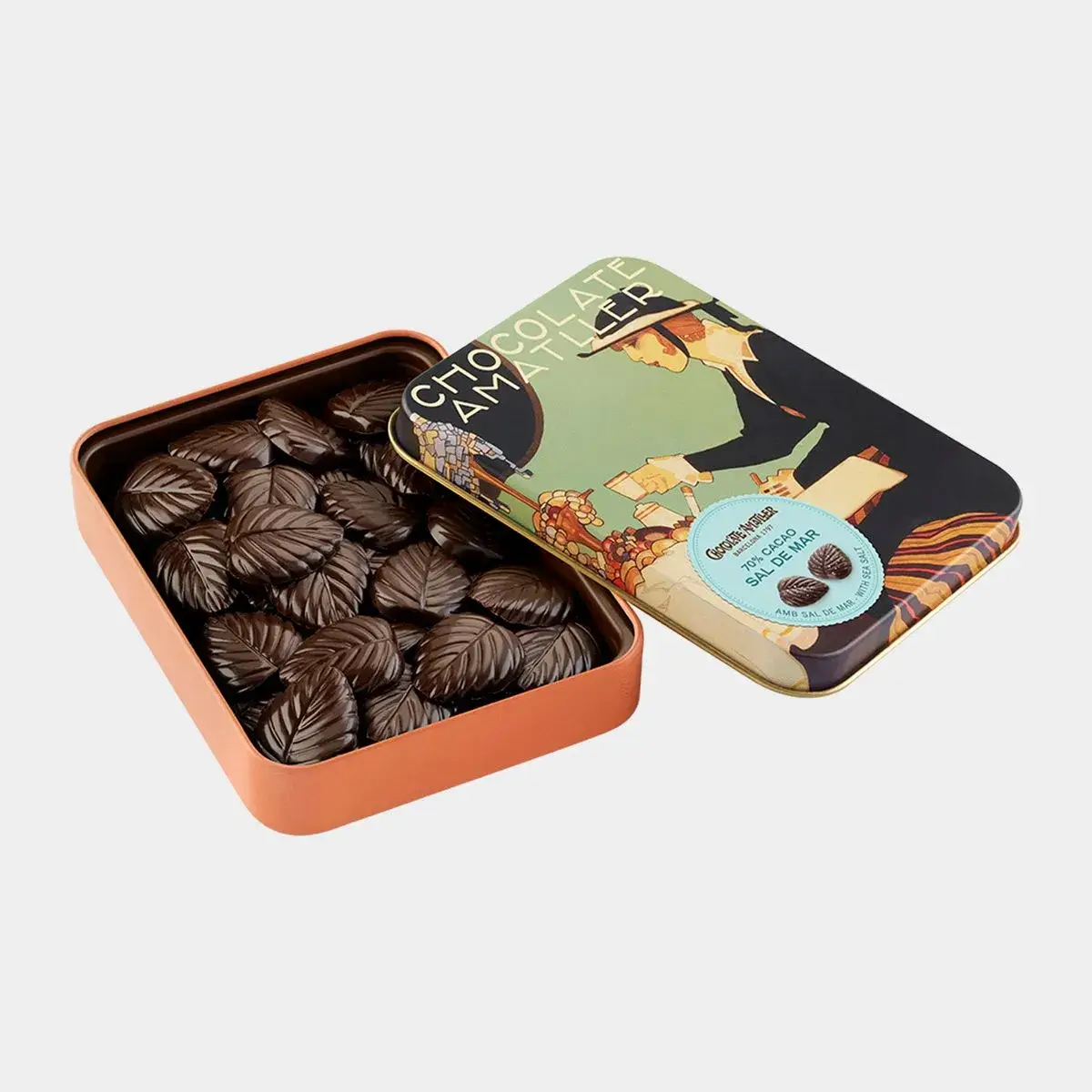 Bombones Hojas Chocolate 70% Sal de Mar Lata 60g