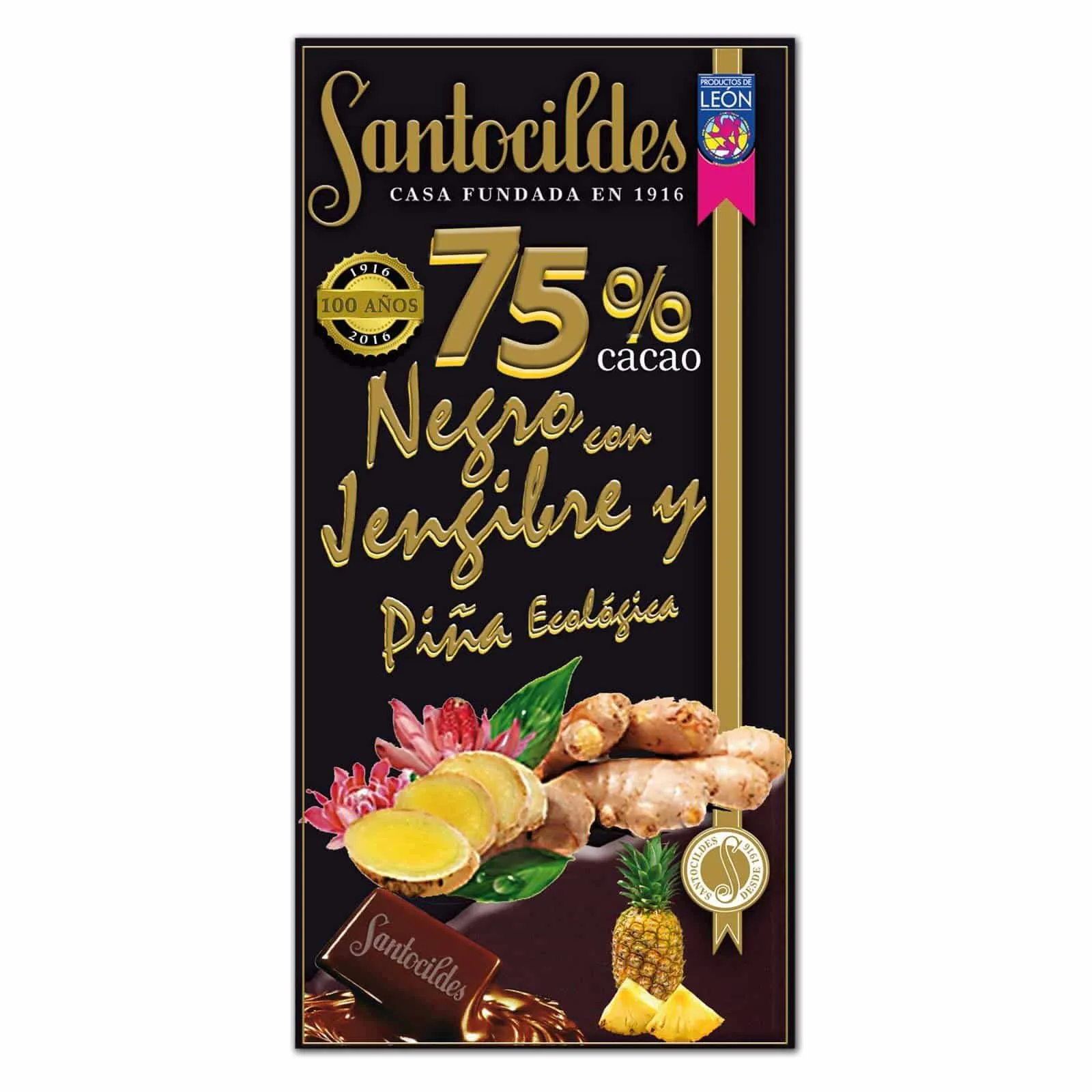 Chocolate Negro 75% Cacao con Jengibre y Piña Ecológica Santocildes