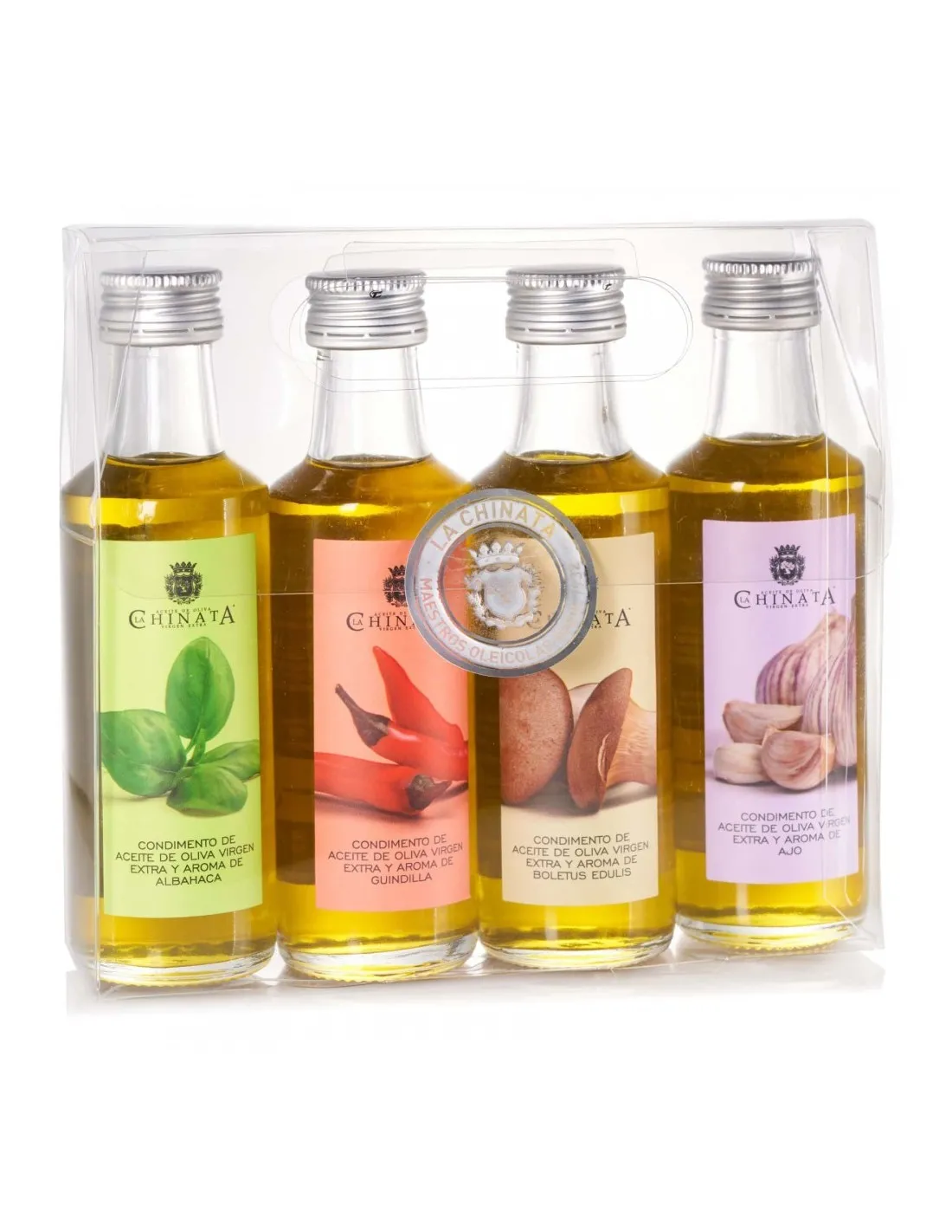 Estuche 4 Condimentos AOVE /Guindilla/Boletus/Ajo/Albahaca 100 ml La chinata.