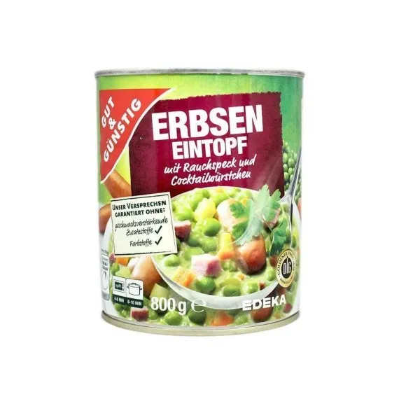 Gut&Günstig Erbseneinstopf mit Cocktail Würstchen / Guiso Guisantes y Salchichas 800g
