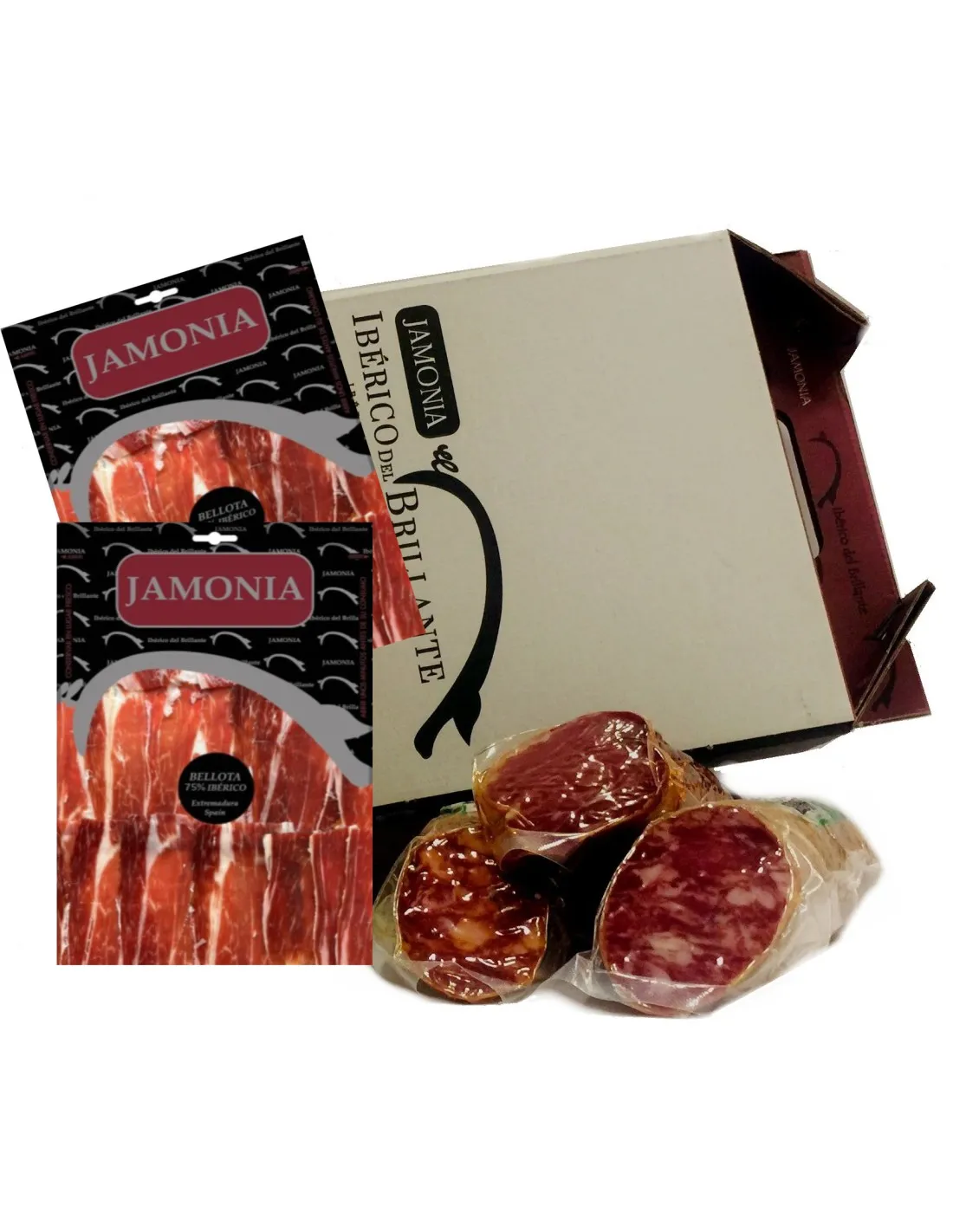 LOTE IBÉRICO GOURMET - 6 - JAMONIA: Lomo (0,500g), Chorizo (0,500g), Salchichón (0,500g) y 2 sobres Jamón de Bellota (100 g).