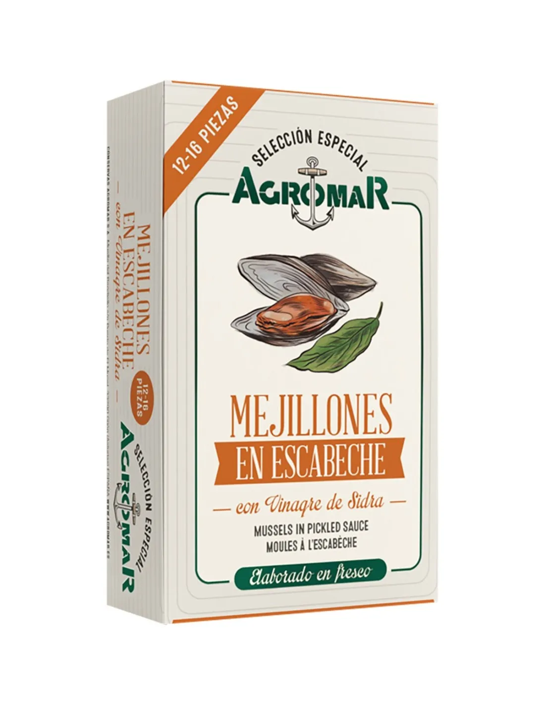 Mejillones en escabeche con vinagre de sidra 114 g (12/16 piezas) Agromar