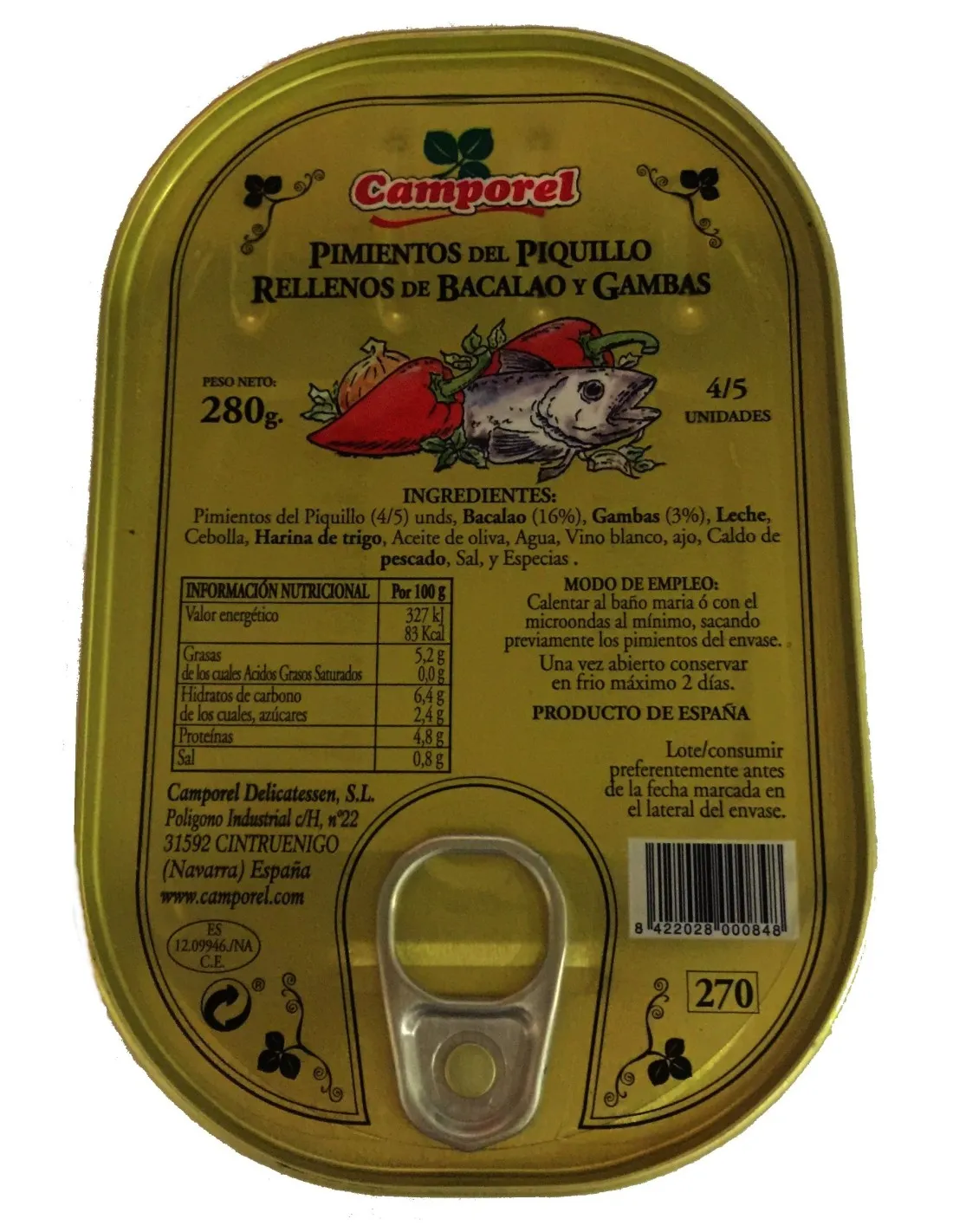 Pimientos del piquíllo rellenos de bacalao Camporel. 270 ml