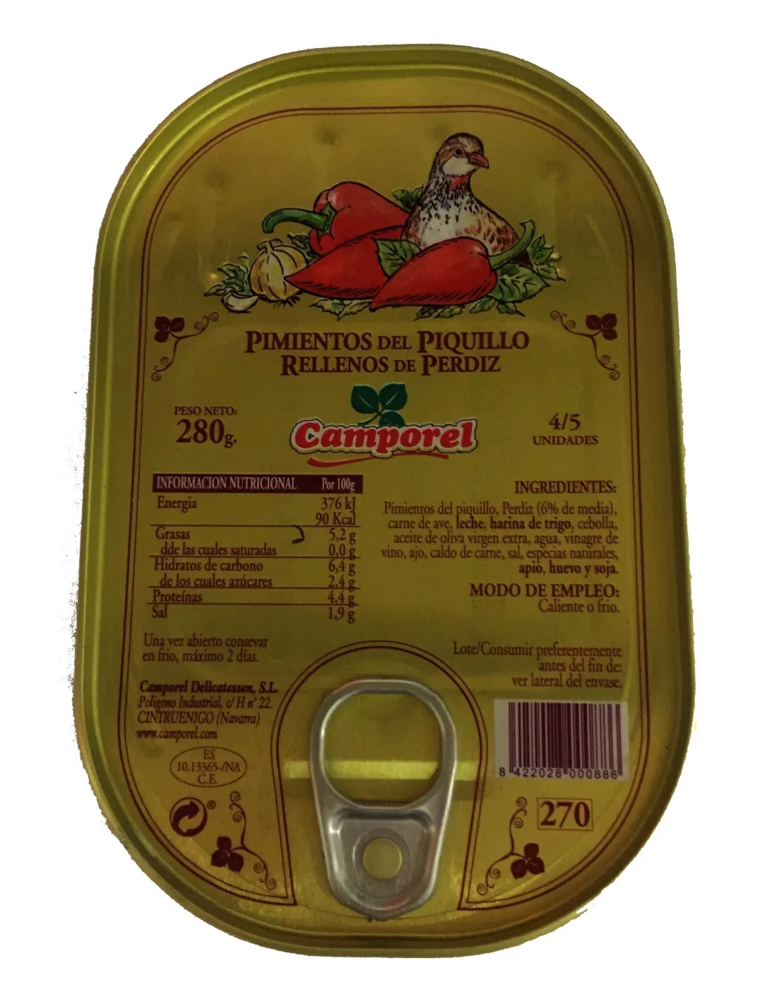 Pimientos del piquillo rellenos de marisco. 270 ml Camporel.