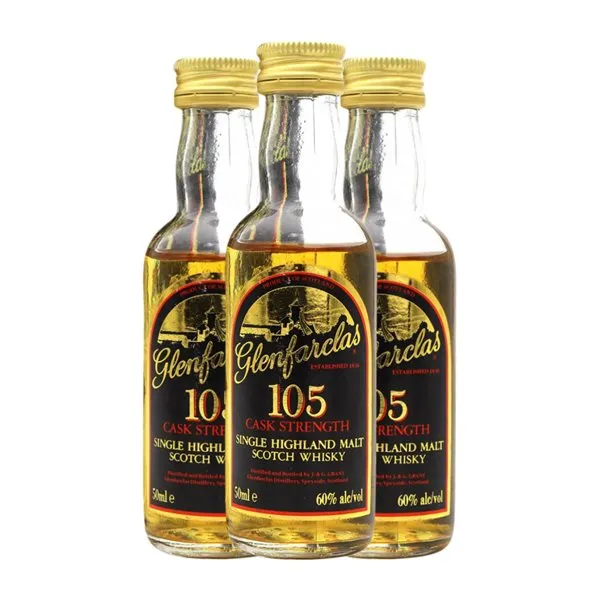 Whisky Single Malt Glenfarclas 105 Escocia Cask Strength — Graduación de Barrica Botellín Miniatura 5 cl Ejemplar Coleccionista No Apto para Consumo (Caja de 3 unidades)